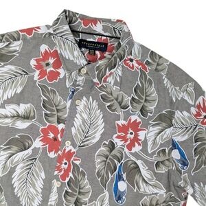 Aeropostale Mens Floral Parrot Tropical Short Sleeve Button Down Shirt Grey M